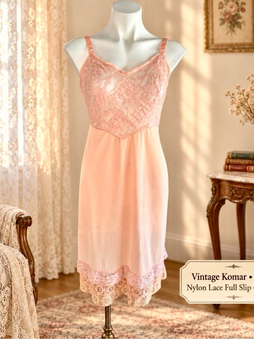 Vintage Komar Nylon Lace Bodice Full Slip 1970s Peach Flounced Lace Hem Sz 38